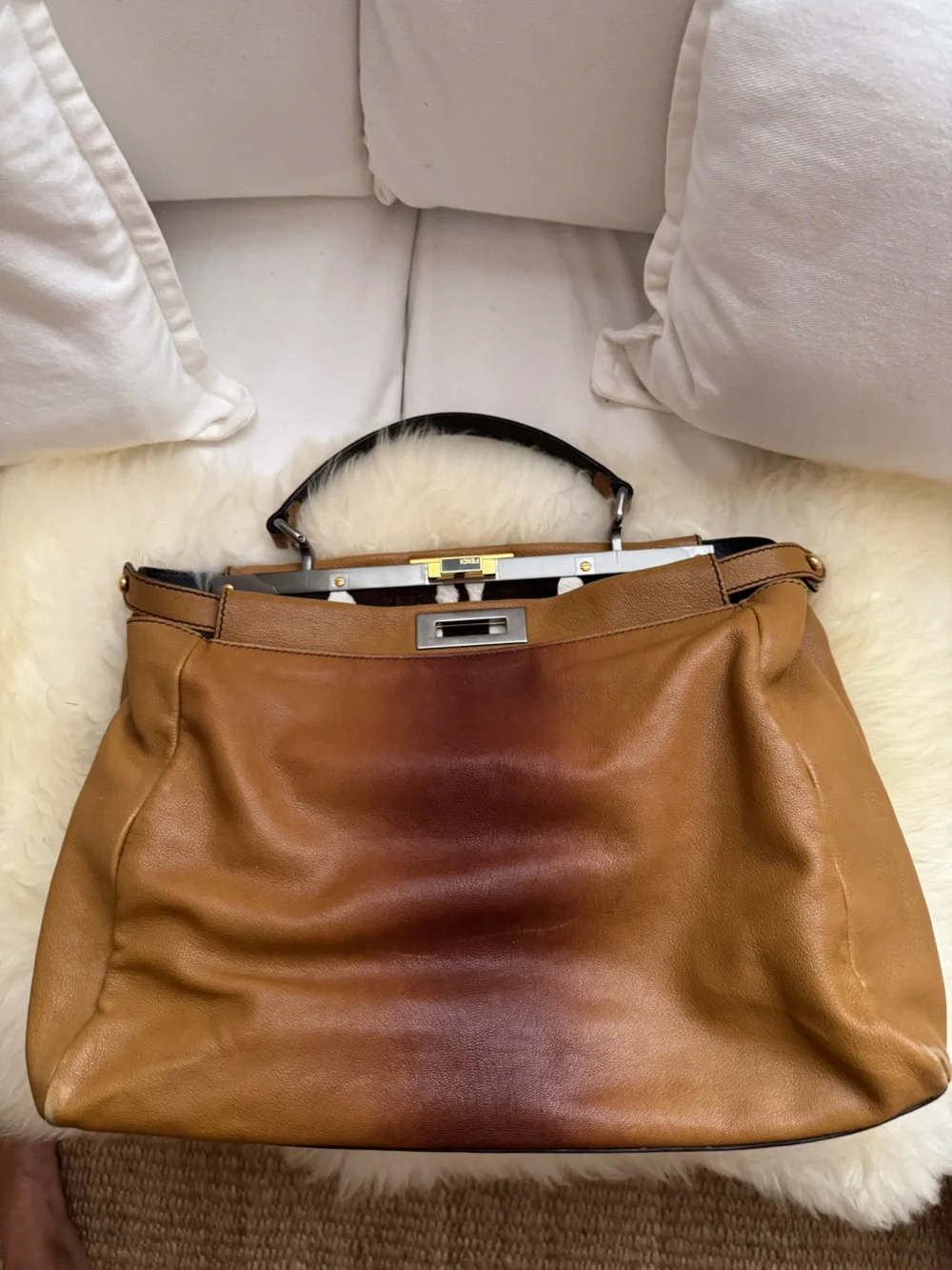 Fendi peekaboo large Brown Leather Top-Handle Women's Bag with Zebra Interior